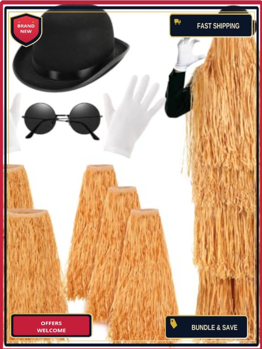 5-Piece Halloween Cousin Cosplay Set Grass Skirts Bowler Hat Sunglasses